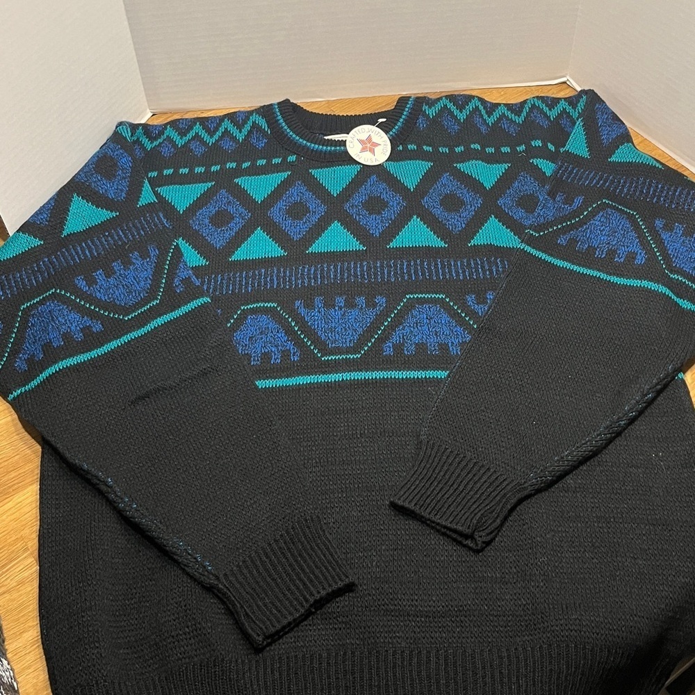 Vintage 80’s Campus Black & Green/Blue Geometric Print Crewneck Sweater Men’s XL